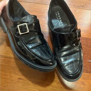 Journee Collection Glossy Faux Patent Black Croc-Embossed Buckle Loafers